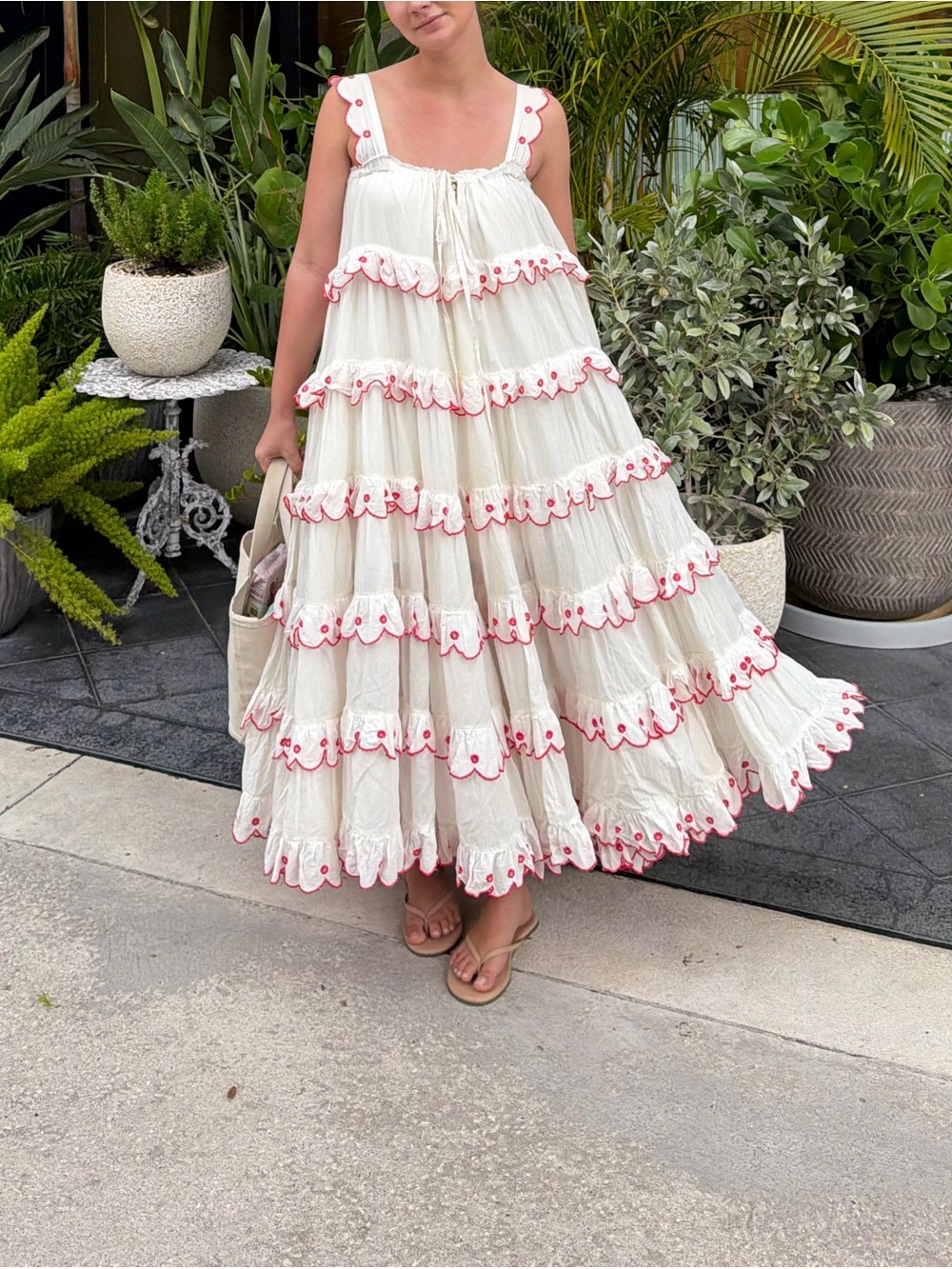 Innika Choo Tiered Ruffle Dress with Hot Pink Embroidery
